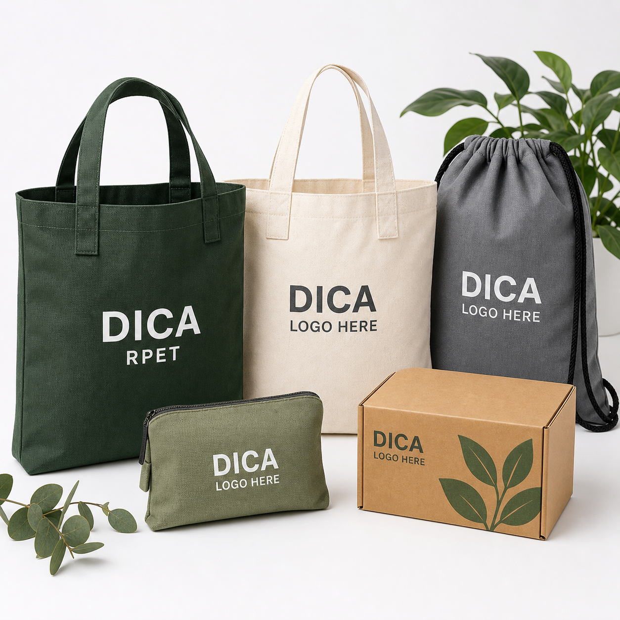 Eco promotional bags including RPET tote, canvas tote, drawstring bag, pouch, and kraft packaging