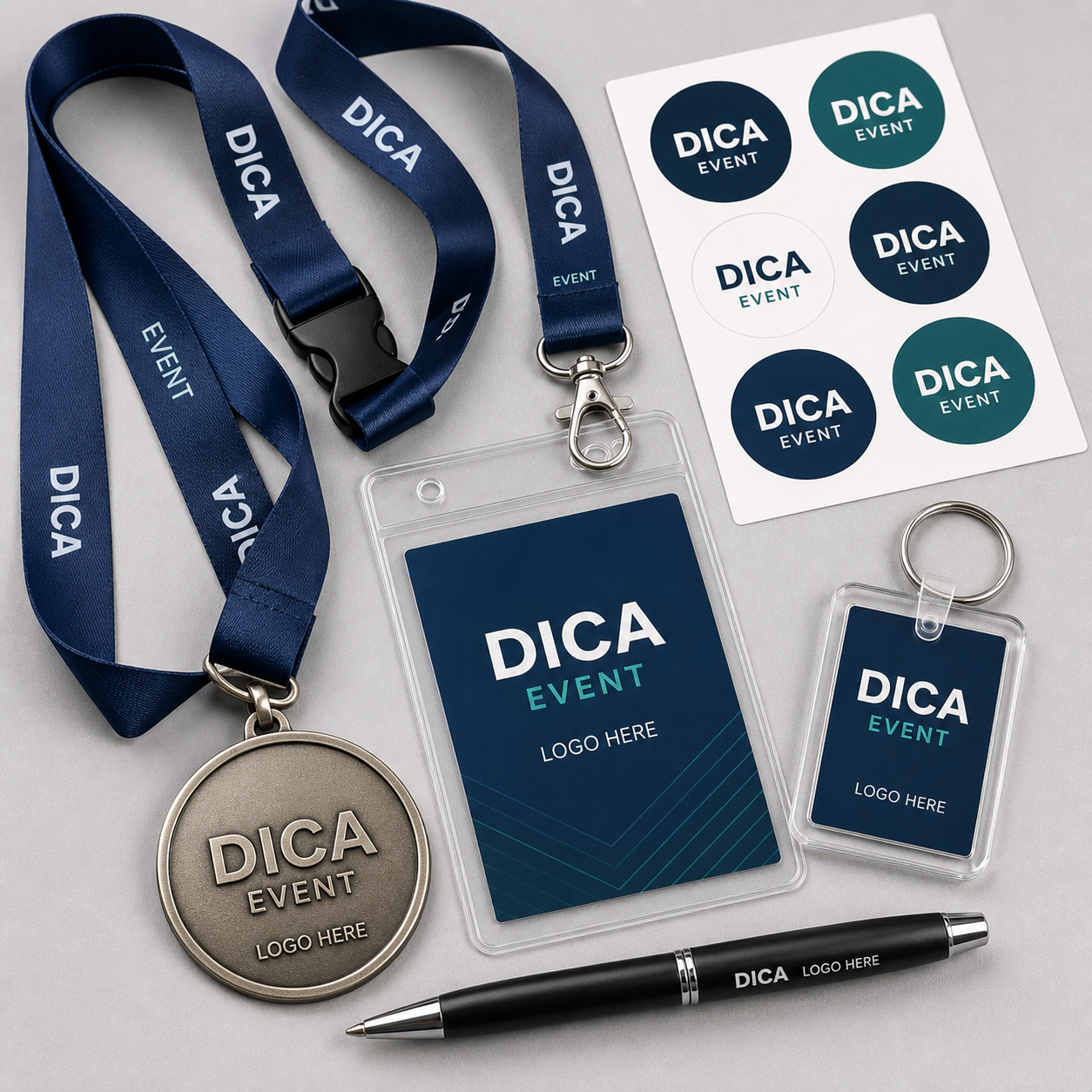 Event giveaway products including lanyards, badges, stickers, acrylic items, and medals